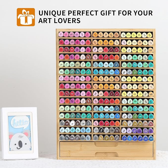 AUTOARK Bamboo Marker Organizer for 225 Markers,Desktop Storage Hold with drawers,Art Markers Pens Pencils Art Brushes Stationary Organizer Marker Pen Holder,AHK-063
