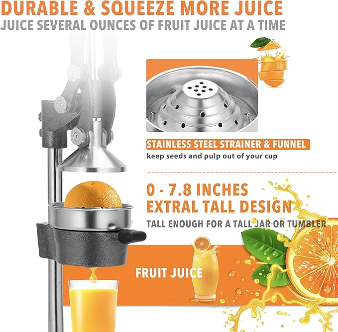 19 Inch Height Extra Tall Commercial Heavy Duty Cast Iron Hand Press Manual Orange Citrus Lemon Lime Grapefruit Pomegranate Fruit Juice Squeezer Machine with Stainless Steel Cup Grey