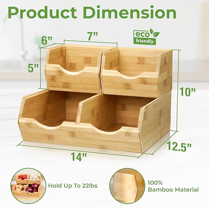HOMESTEAD Bamboo Pantry Storage Bins – Potato & Onion Storage Bin for Pantry Organizers, Produce Organizer Set of 3 – Slide out Bin Access