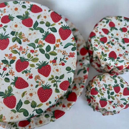 (4-Pack) Sourdough Reuseable Jar & Bowl Covers | Cute Baking Gift | 100% Cotton | Washable | Bread Proofing | Kitchen Food Storage Gifting | Starter Cover Lid Kit (Strawberry)