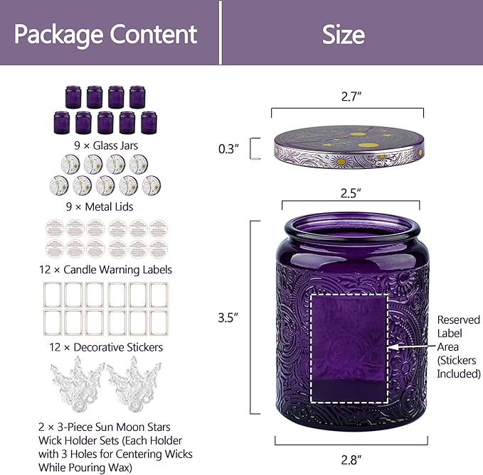 Art Secret 9-Pack 8oz Embossed Glass Candle Jars with Lids and Labels - Sun Moon Stars Design (Purple)