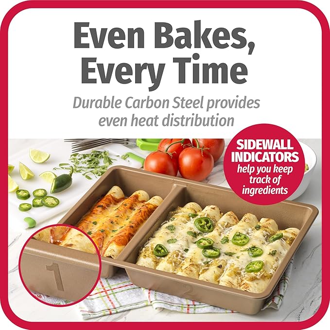 GoodCook 9x13-Inch Nonstick Divided Baking Pan – 2-in-1 Textured Oblong Scratch-Resistant Carbon Steel for Meal Prepping & Sheet-Pan Dinners