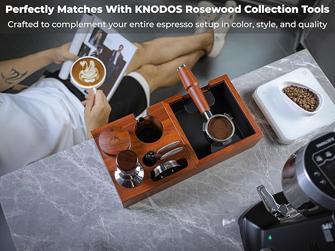 58mm Espresso Accessories Organizer Premium Rosewood Espresso Tamping Station Coffee Tool Stand for Tamper, Portafilter, Funnel, WDT, RDT Bottle Barista Espresso Setup Kit Box