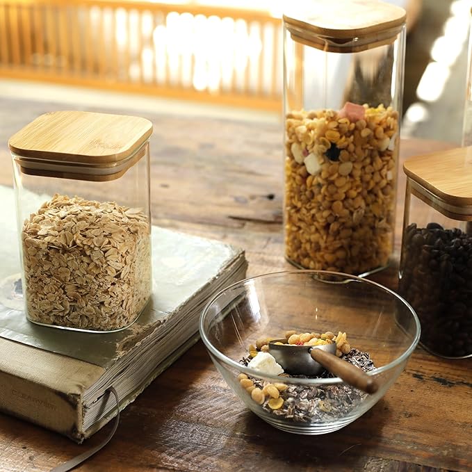 LIBWYS 8-Pack Square Glass Storage Jars with Bamboo Lids (0.6Qt/1.06Qt) - Stackable Food Containers for Pantry Organization, Coffee, Flour, Snacks, Tea | Kitchen Canisters Set