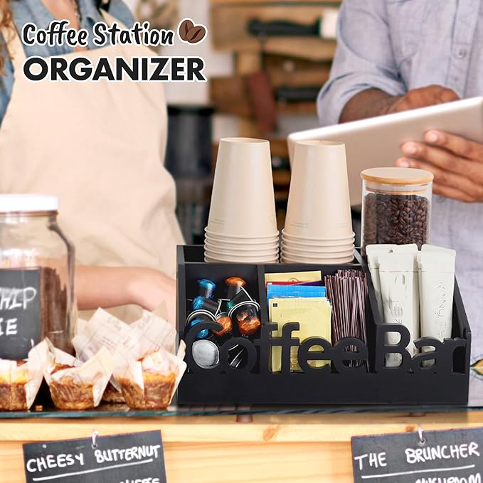 Coffee Bar Organizer for Countertop – Wooden Coffee and Tea Station Caddy with Tray for Pods, Cups, Condiments, and Accessories – Kitchen or Office Counter Storage (Medium Size -Black)