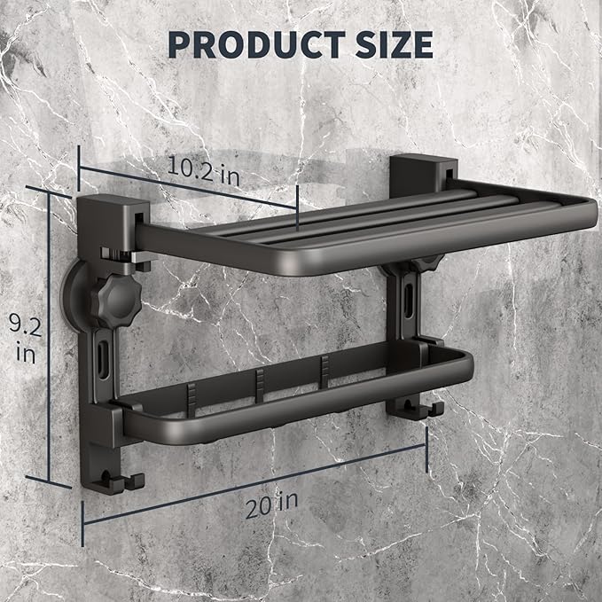 Towel Rack with Towel Bar Holder Suction Cup Foldable Towel Shelf No Drill with 7 Hooks Rustproof Towel Storage Wall Mount for Bathroom Lavatory Matte Blackish Gray20 Inch