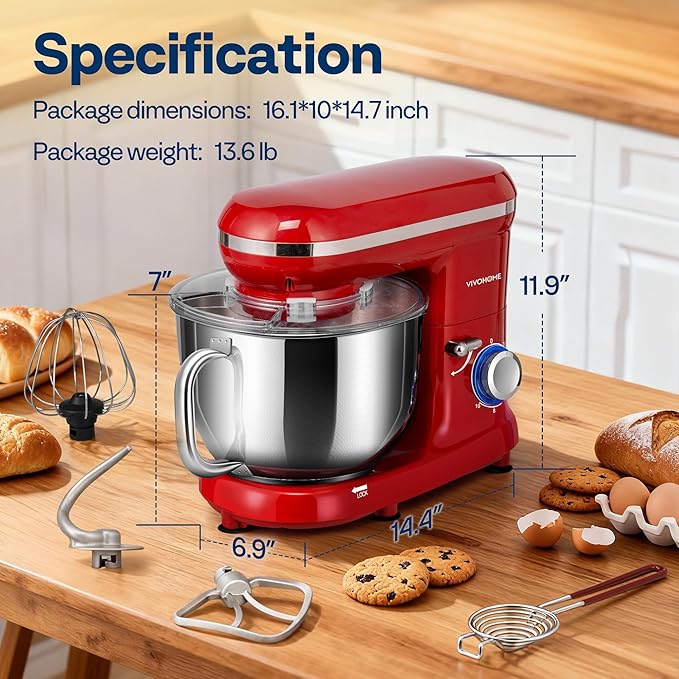 VIVOHOME Stand Mixer, 660W 10 Speed 6 Quart Tilt-Head Kitchen Electric Food Mixer with Beater, Dough Hook, Wire Whip and Egg Separator, Red