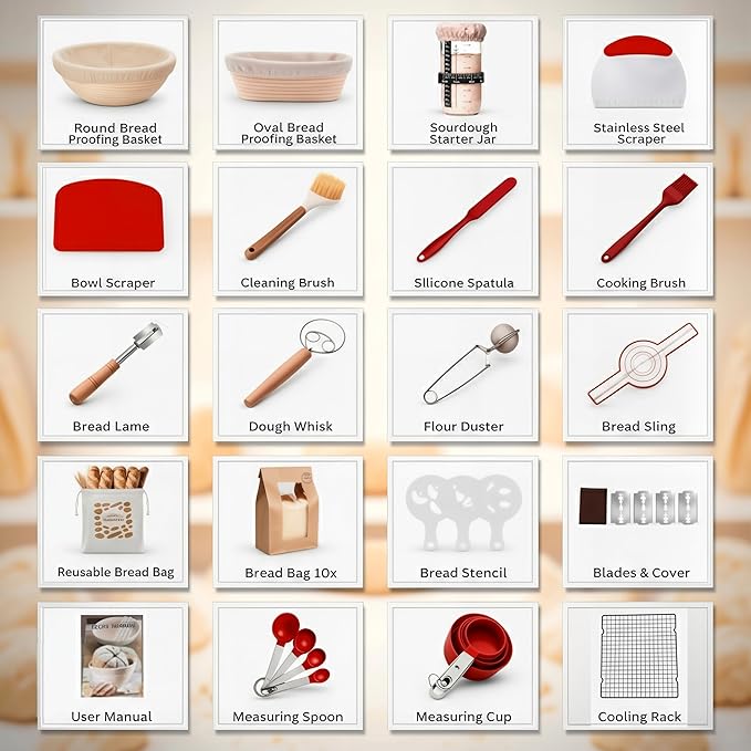 Sourdough Starter Kit with Glass Starter Jar & Banneton Bread Proofing Basket, Complete Sourdough Bread Baking Supplies and Tools for Home Bakers, Gift Sourdough Kit for Baking Lovers