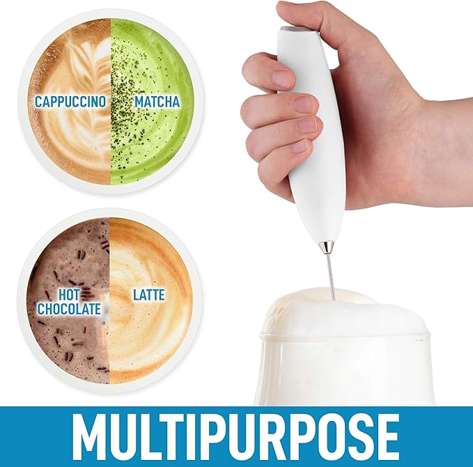 PRO MILK FROTHER WAND - ULTRA HIGH SPEED HANDHELD FROTHER - UPGRADED STAND - Powerful Handheld Mixer with Infinite Uses - Super Instant Electric Foam Maker with Stainless Steel Whisk (White)