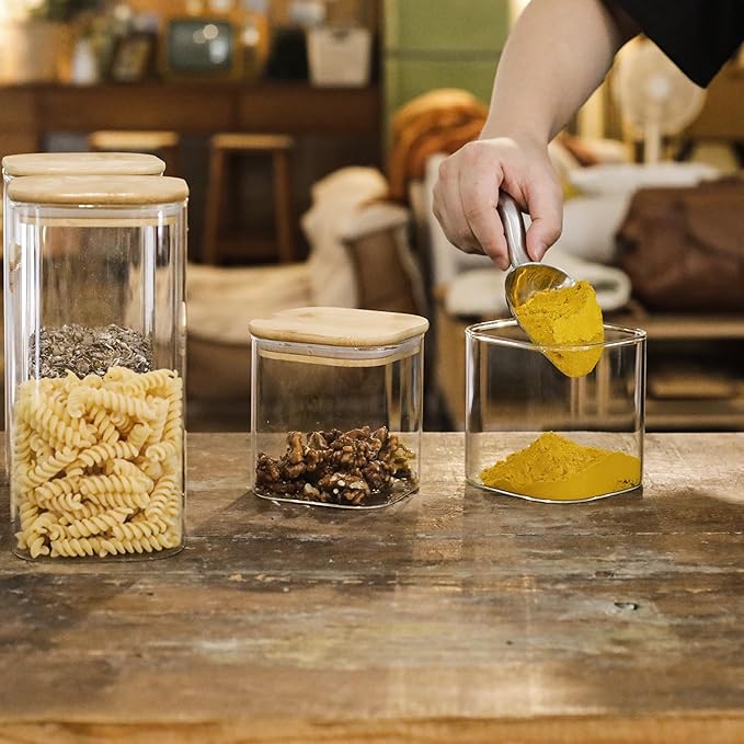 LIBWYS 12-Pack Glass Pantry Storage Containers with Bamboo Lids (0.76Qt/1.22Qt/1.67Qt) - Stackable Square Food Jars for Pantry Organization, Coffee, Flour, Snacks, Tea | Kitchen Canisters Set