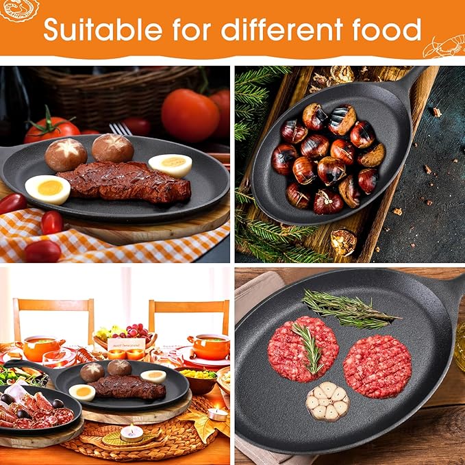Lallisa 4 Sets Cast Iron Fajita Plate Set Fajita Plate Pan with Wooden Tray Anti Scald Protection Hot Mitt Cast Iron Skillet Set for Home Barbecue Kitchen Party Restaurant Catering Service