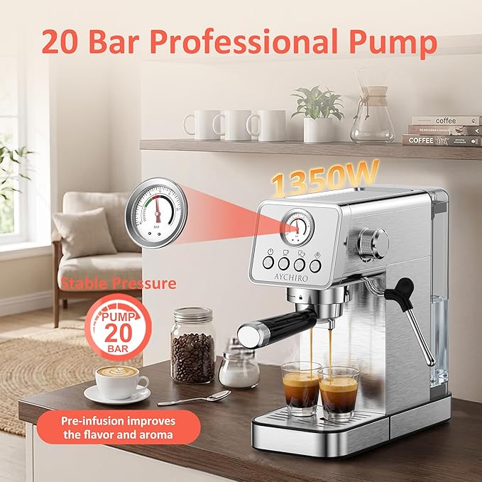 AYCHIRO 20 Bar Semi-Automatic Espresso Machine, Adjustable Espresso Machine with Pressure Gauge, Compact Espresso Maker with Steam Wand, Cup Warmer for Home & Office