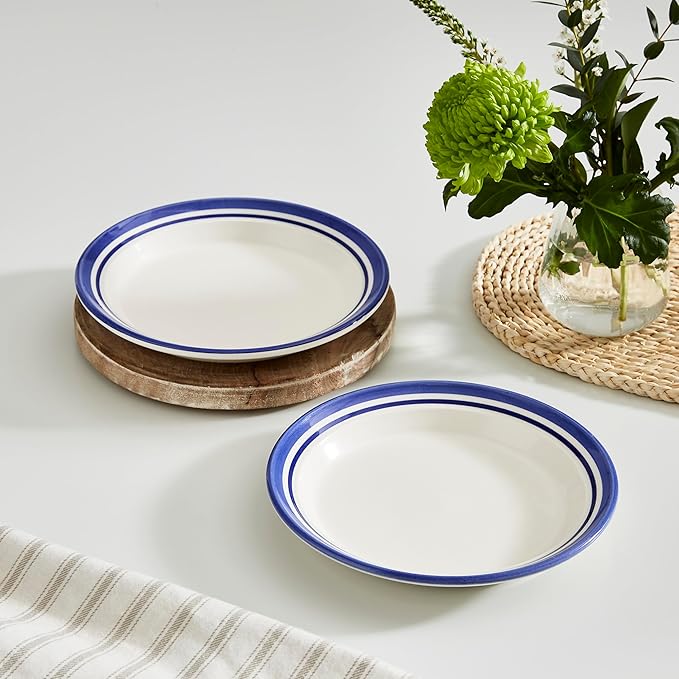 Portmeirion Potter's Stripe Salad Plate (Set of 4) - 8" Earthenware Plates with Classic Striped Rim - Microwave, Dishwasher, Freezer, Oven Safe - Ideal Modern Dinnerware Set (Blue Stripe)