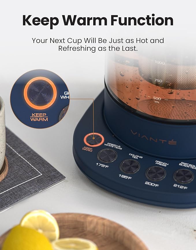 Vianté Electric Kettle With Infuser. No Plastic In Contact With Water. Hot Tea Maker With Temperature Control And Automatic Shut Off. 1.5 Liters Capacity | Midnight Blue Color