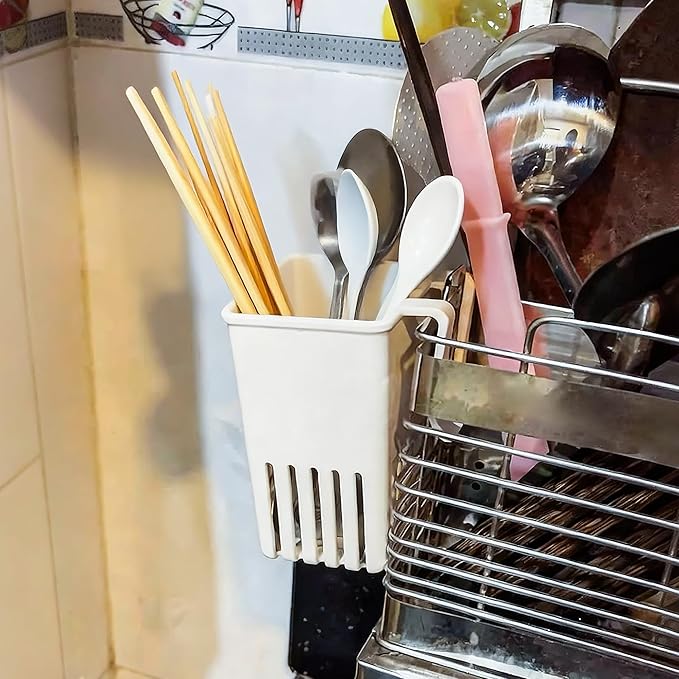 2PCS Silverware Drainer Drying Basket for Sink – Compact Kitchen Utensils Holder, Cutlery Storage Organizer with Cup, Dish Hanging Drain Rack for Forks, Spoons, Knives & Chopsticks (White, Plastic)