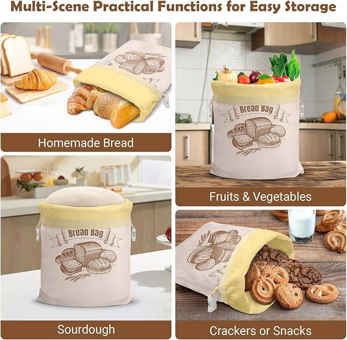 Cotton Beeswax Bread Bag (2 Pack) Reusable Double-Lock Freezer Safe for Homemade Sourdough Bread Food Storage Gifts for Sourdough Bakers (Pattern 2)