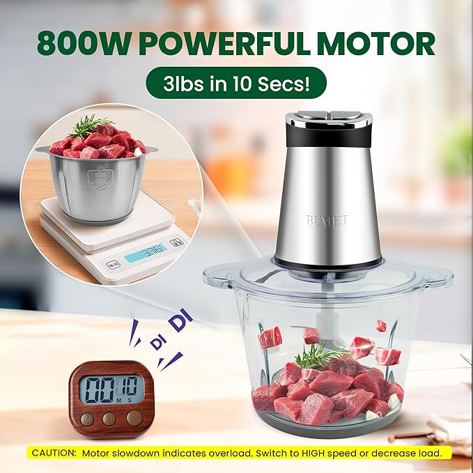 BUMET 2X12-cup bowls 800W Electric Food Processor with LED timer. 3-Tiered 6 Cutting Edges blade for mincing, chopping, Ideal as meat grinder, fresh vegetables chopper, pet food process in kitchen.