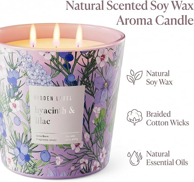 Hidden Label Large Soy Candle, Hyacinth Lilac Scented, 3 Wick 30oz, 100Hr Burn, Natural Non-Toxic Aromatherapy Stress Relief, Home Scent, Spa