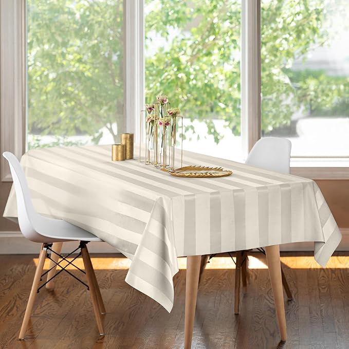 Luxury Table Protector Pad, 2 in 1 Table pad + Great Looking Tablecloth - Heat Resistant, Spill & Stain Proof - Flannel Backing (Ivory - Silk Stripe, 54x90)