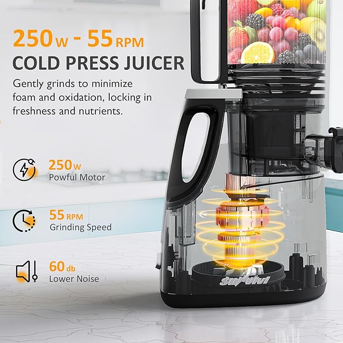 Sunvivi Cold Press Juicer with 5.9" Wide Feed Chute, 250W Slow Masticating Juicer Machines Fit Whole Vegetables & Fruits, Easy to Clean, Dual-Layer Strainer, High Yield Juicer for Home, Black