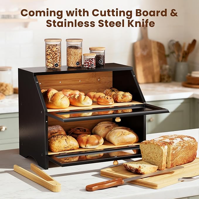 MAISONPEX Double Layer Bamboo Bread Box for Kitchen Countertop, Large Capacity, Cutting Board, Stainless Steel Bread Knife, Double Layer Storage Container with Clear Windows, Black