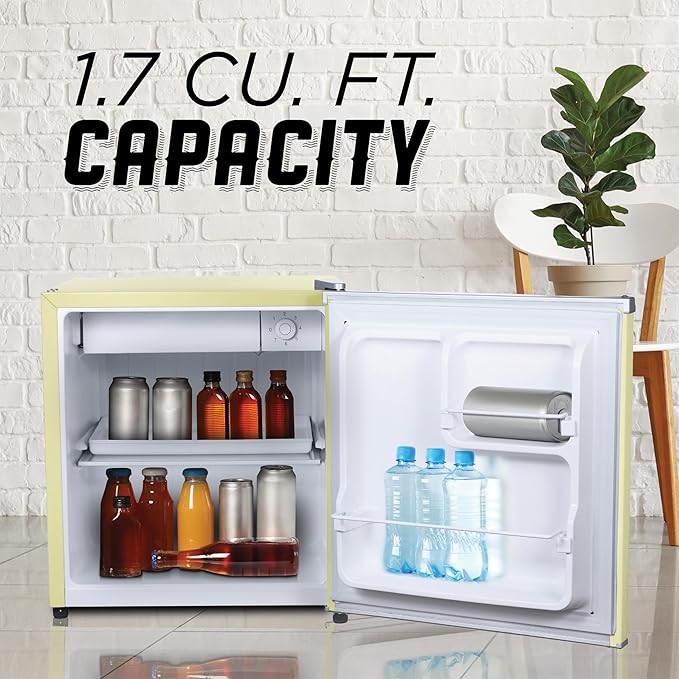ICEBOX 1.7 Cu. Ft. Compact Refrigerator, ENERGY STAR Certified Small Refrigerator, Single Door Mini Fridge with Chiller Compartment, R600a Refrigerant, IBCR17SUN, Sun Yellow