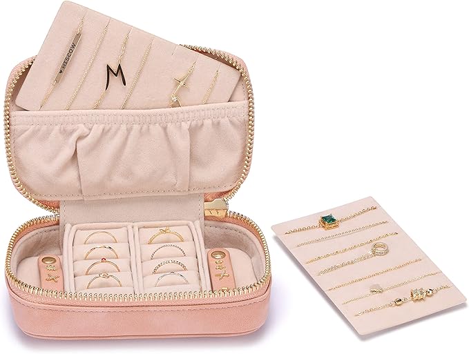 HISCOW Vegan Leather Travel Jewelry Case with Zipper - Portable Necklace & Earring Holder Organizer for Women Girls, Velvet-Lined Ring Box with Anti-Tarnish Design, Pink