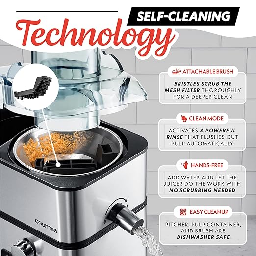 Gourmia 6 Speed Digital Juice Extractor -Extra-Wide Chute, Pulse Mode, Self-Clean Cycle, 36 oz Pitcher, Pulp Container & Cleaning Brush, Stainless Steel