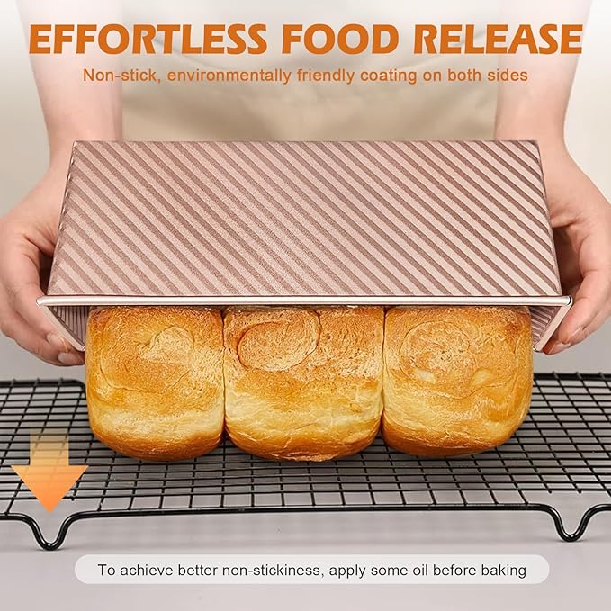 Pullman Loaf Pan with Lid, Non-Stick Carbon Steel Bread Pan for Homemade Sandwich & Sourdough Bread, 1lb Dough Capacity, Corrugated Toast Box Mold, Gold