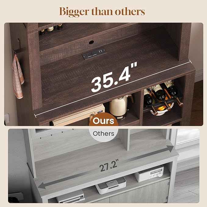 Itaar 73" Tall Arched Bakers Rack with Power Outlet and LED Light, Farmhouse Coffee Bar Cabinet, Kitchen Microwave Stand with Storage for Kitchen, Dining Room, Living Room, Brown