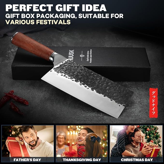 Huusk Knives from Japan, Meat Cleaver Heavy Duty Chopping Knife Hand Forged Butcher Knife for Meat Cutting Kitchen Vegetable Knives for Home, Gifts Idea for Men and Women