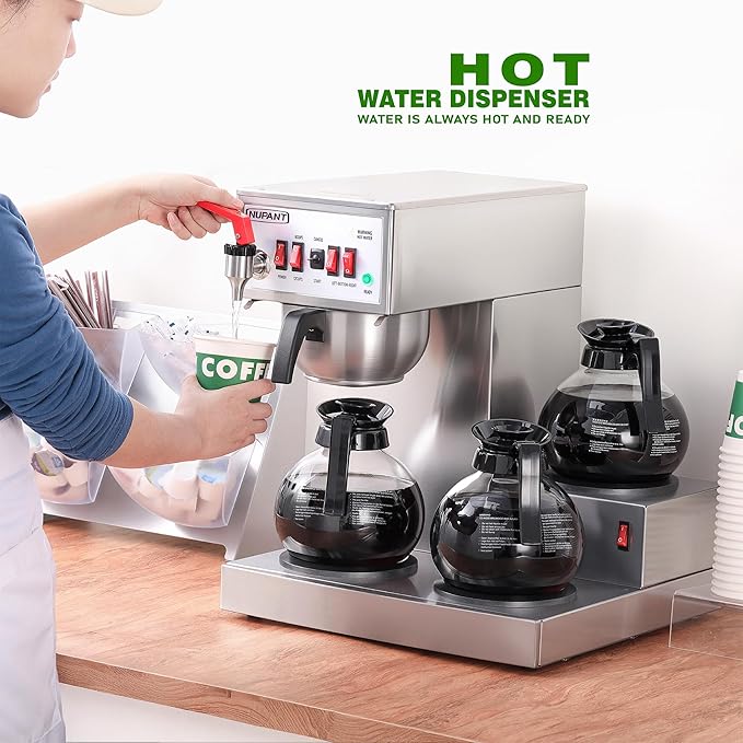 NUPANT 12 Cup Commercial Coffee Maker, Auto Filling Drip Coffee Maker Machine with 3 Glass Carafes 3 Warmers, Stainless Steel Pour Over Coffee Brewer with Hot Water Supply for Restaurant Office Cafe