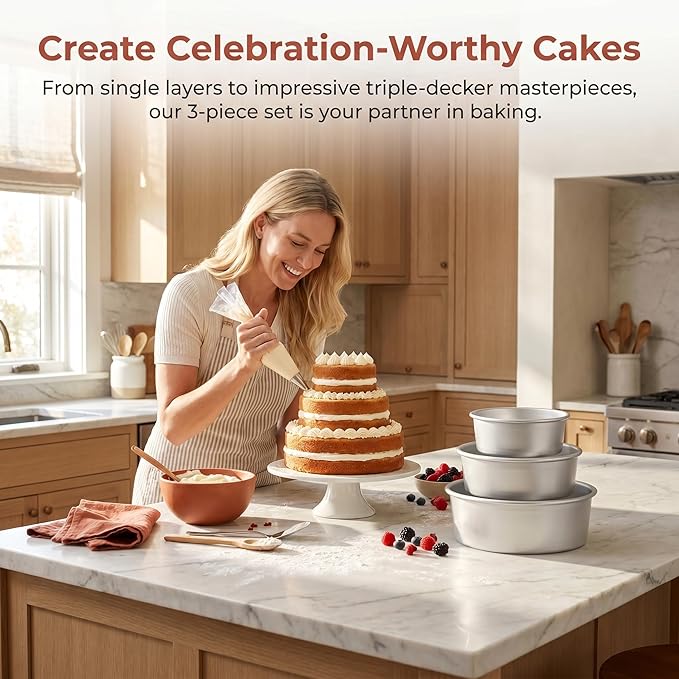 Lawei Round Cake Pan Set of 3 (4/6/8 Inch), Aluminum Baking Pans with Removable Bottom for Even Heating, Nonstick Tier Cake Tins for Cakes, Weddings, Birthdays, Holidays and Home Bakers