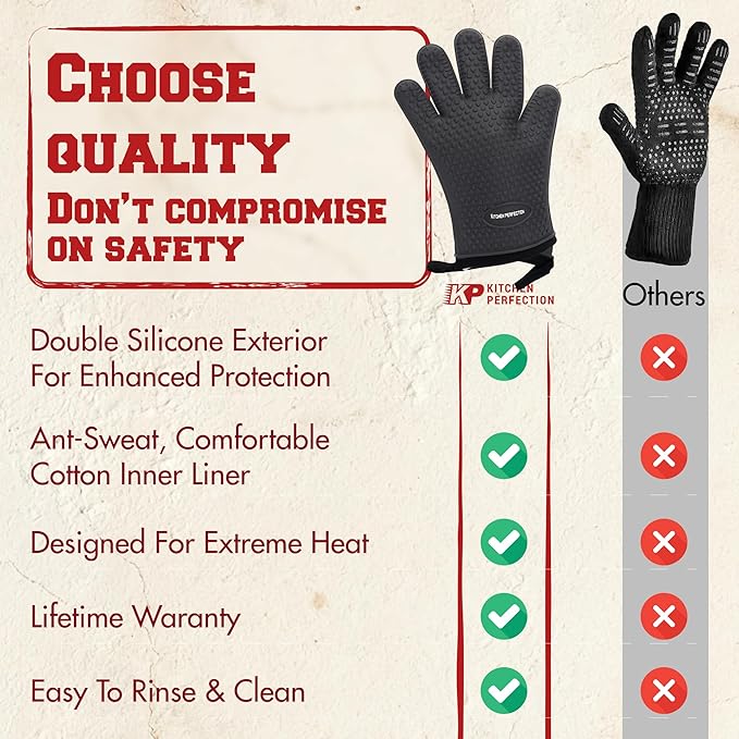 KITCHEN PERFECTION Silicone Oven & Griddle Gloves -Extreme Heat Resistant BBQ & Grilling Gloves -Handle Hot Food Right on Your Griddle |Waterproof Oven Mitts Grill Gloves |Superior Set+3 Bonuses