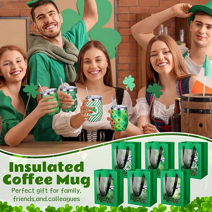 Patelai 30 Pcs Spring Picnic Party Favor Set Reusable Stainless Steel Tumblers with Lid Straw for Outdoor Camping 12oz Shamrock Cups for Wedding, Baby Shower Party Supplies, Employees (Green Clover)