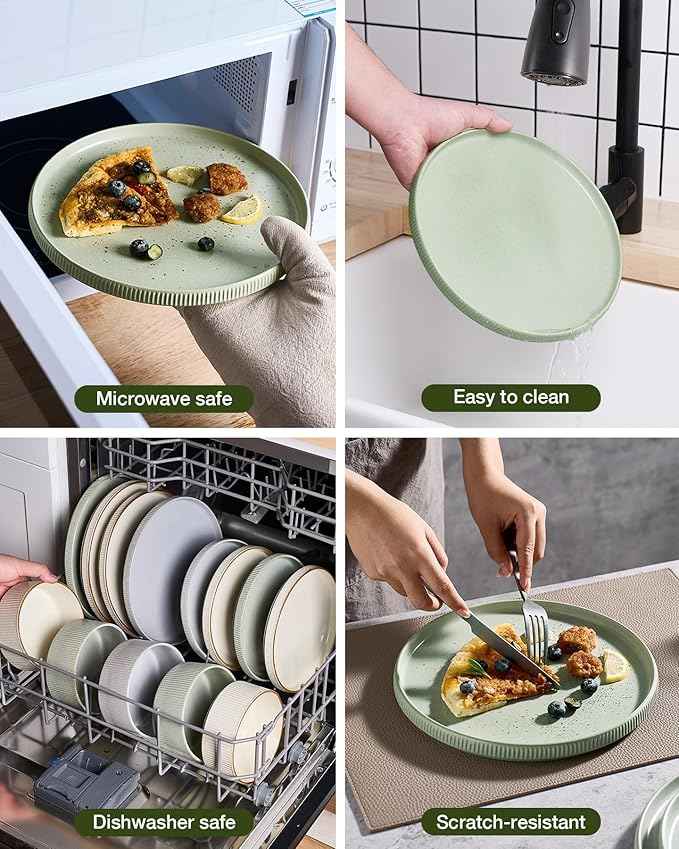 Famiware Star Dinnerware Set, Plates and Bowls Sets for 6 (18pcs), Ribbed Stoneware Dishes - Chip & Scratch Resistant, Microwave & Dishwasher Safe Kitchenware, Matte Sage Green