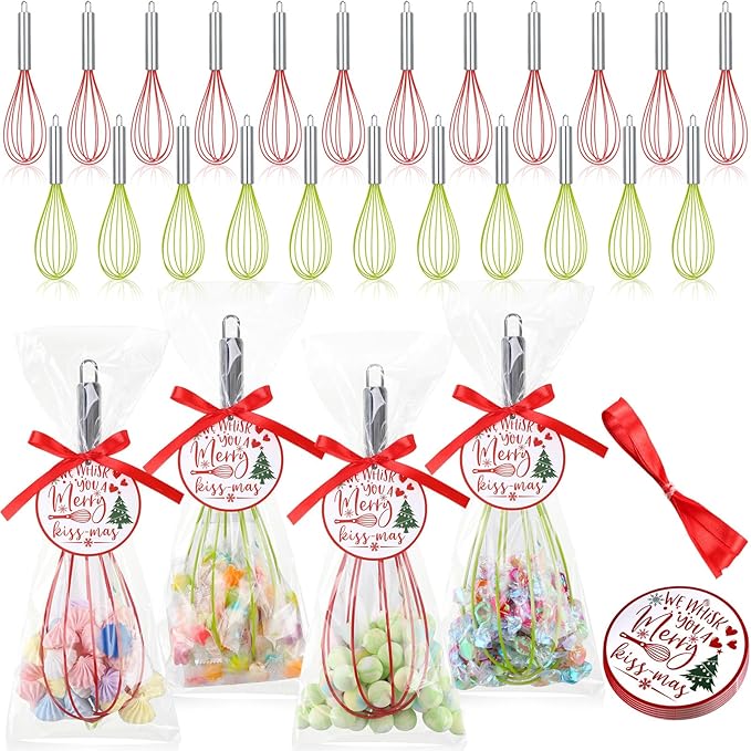 36 Sets 10 Inch Christmas Whisks Gifts DIY Fillable Christmas Tree Ornaments Xmas Colored Silicone Whisks for Cooking Heat Resistant Egg Beaters with Card Rope Bag for Candy Holder