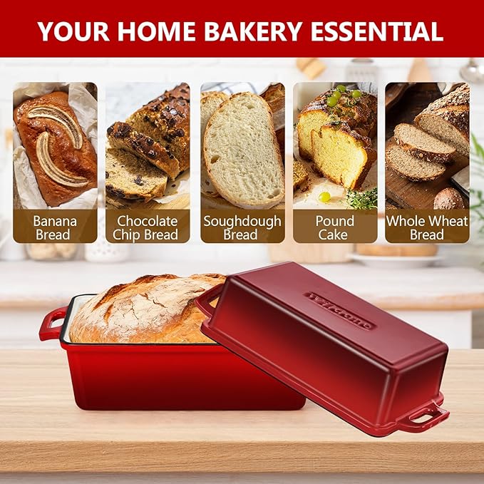 Wildone Enameled Cast Iron Bread Loaf Pan with Lid, 9x5 Sourdough Baking Pans for Homemade Bread, Cake, Meatloaf, Even Heating Bread Pans, 2-Piece Set, Red