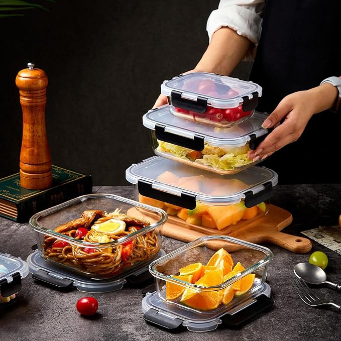 8 Pack Glass Meal Prep Containers with Lids, Extra Thick Airtight Food Storage Set (310ml-1510ml/10.5oz–51oz), Leakproof Lunch Boxes for Leftovers