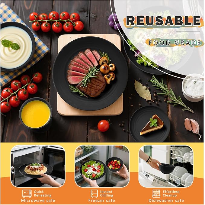 Wheat Straw Dinnerware Sets for 8, 32 PCS Unbreakable Plates and Bowls Sets, Reusable Dinnerware Set for Kitchen Outdoor and Apartment Dinning Essentials - Black