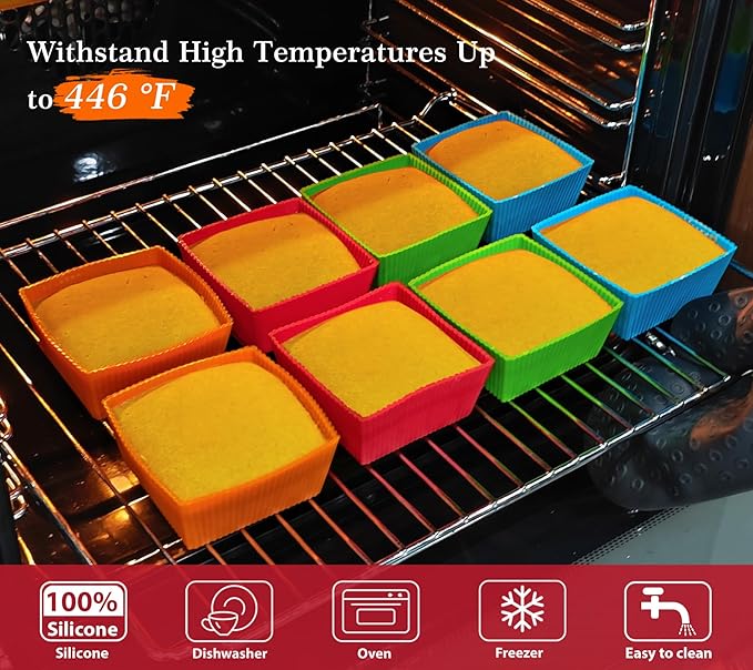 Webake 3.5 Inch Jumbo Baking Cups Reusable Silicone Square Cupcake Liners Non-stick Muffin Brownie Cake Mold (Pack of 8)