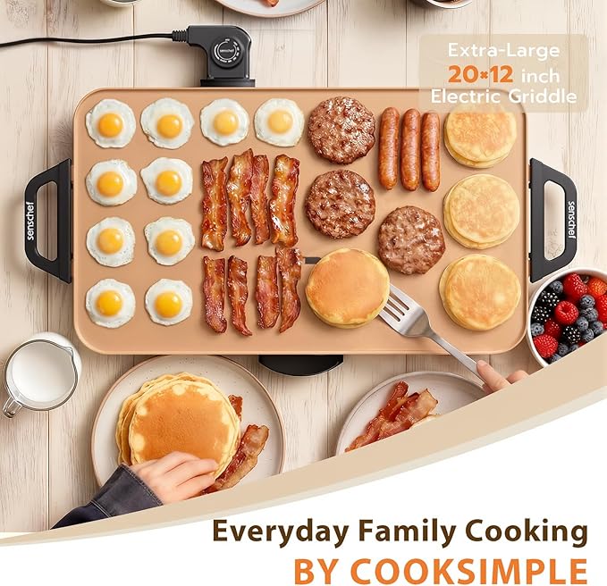 CookSimple Everyday 20"x12" Electric Griddle–1700W Nonstick PPG Ceramic Surface, Large Flat Design, Perfect for Family Meals, Pancakes&Eggs, Fast Even Heating, Easy to Clean, Ceramic Copper