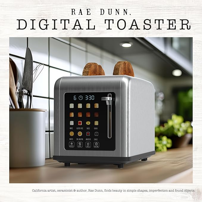 Rae Dunn 2 Slice Smart Toaster, Digital Display, Wide Slots, 8 Browning Levels, 6 Bread Types, 4 Functions (Defrost, Reheat, Cancel, Add Time), 825W Digital Stainless Steel