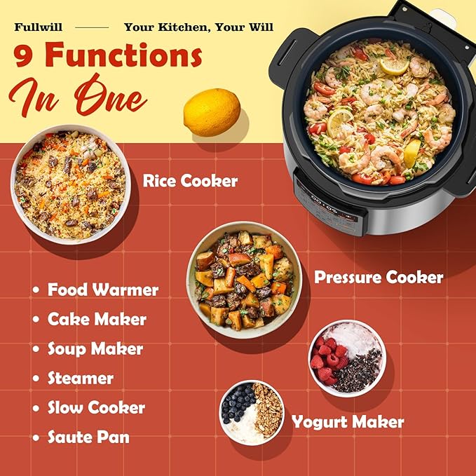 Fullwill 6QT Electric Pressure Cooker, 9-in-1 Multi-Use Programmable Pressure Cooker with Slow Cook, Rice Cook, Steamer, Sauté, Yogurt Maker, Food Warmer, 12+ Safety Features & Ceramic Non-Stick Pot