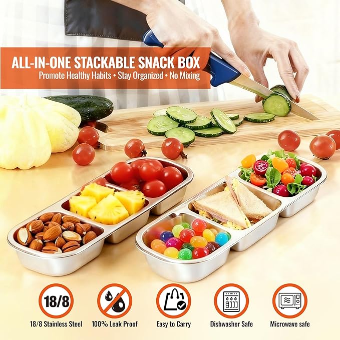 Stainless Steel Snackle Box Container,Reusable Bento Box for Kids & Adults,Leak-Proof Snack Containers with Lids, Perfect for Lunchables, Snack Pack Containers(3 Compartments Yellow)