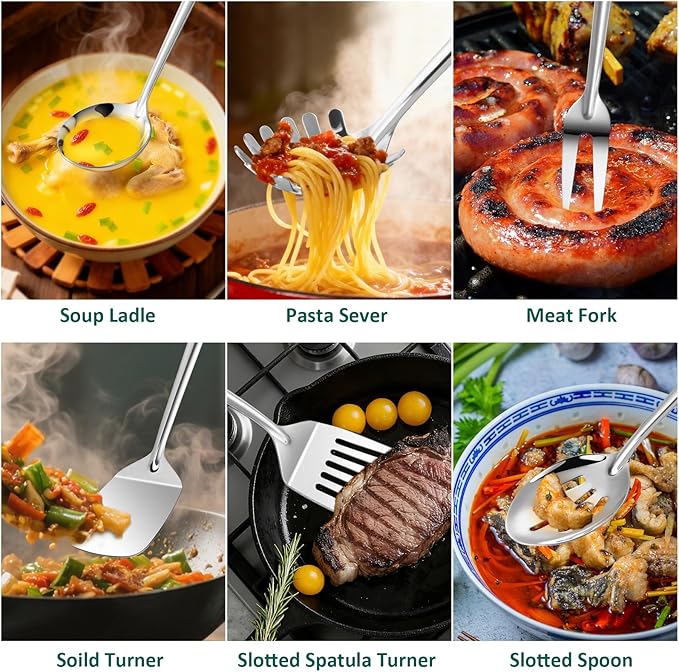 Lazycorner Kitchen Utensils Set, 11pcs Stainless Steel Cooking Utensils Set with Holder, Metal Kitchen Set for Cooking with Turners, Potato Masher, Spatula, Spoons, Pasta, Tongs