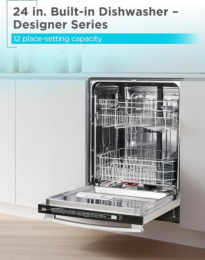 BLACK+DECKER 24" Built-In Dishwasher, Designer Series, 12-Place Setting Capacity with Stainless Steel Tub, Dish Washer with 6 Wash Programs, Low Noise, ENERGY STAR Certified, BDW300MHS