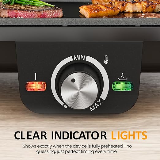 Electric Griddle Indoor, 1600W Large Flat Top Grill with 17.5" x 9" Nonstick Plates, 2 Cooking Zone with Adjustable Temp, Pancake Egg Maker with Drip Tray, Indicator Light