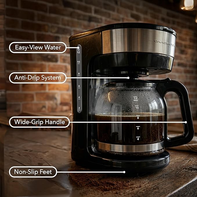 OVENTE 12-Cup Drip Coffee Maker with Borosilicate Glass Carafe, One-Touch Operation Machine, Anti-Drip System, Reusable Filter and Clear View Water Level Gauge, Ideal for Home or Office, Black CM412B