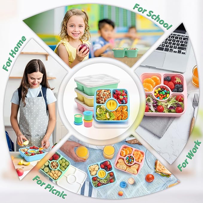 QQKO Bento Snack Box Containers for Adults Kids, 4 Pack Lunchable Meal Prep Containers Reusable, Stackable Bento Lunch Box, Food Storage Prep Containers with 4 Sauce Cups, Pastel Color, White Lid